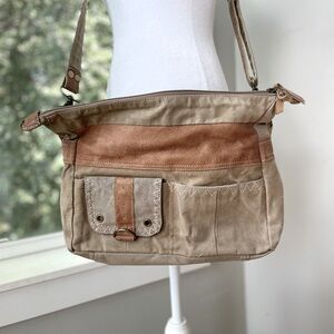 Myra Bag Tan Gray Canvas Leather Purse Shoulder Bag Tote Bag